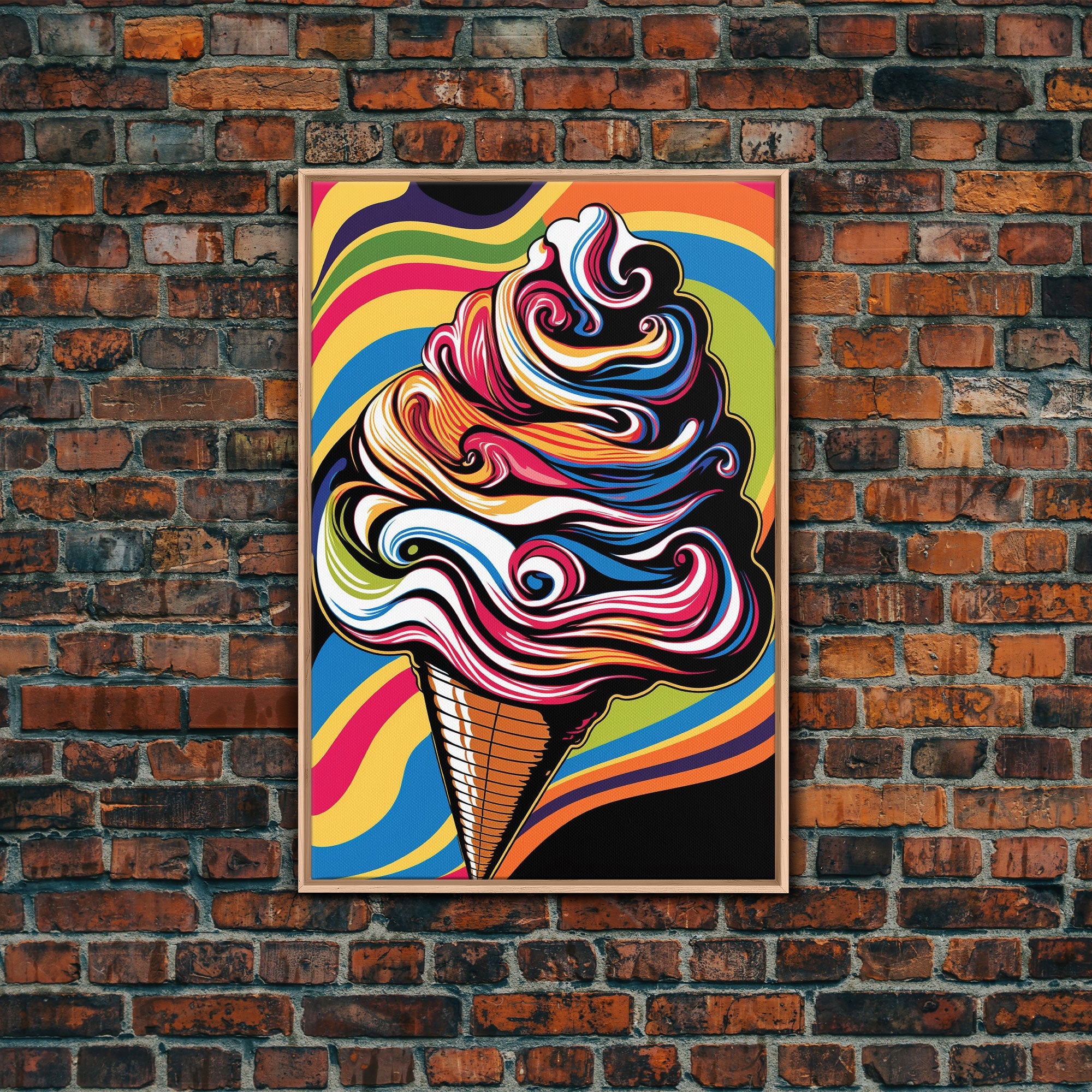 「 Ice Cream」版画 サイン入り 額装 モダンアート #484 Pop Art Ice Cream, Psychedelic Ice cream cone, framed canvas print, la