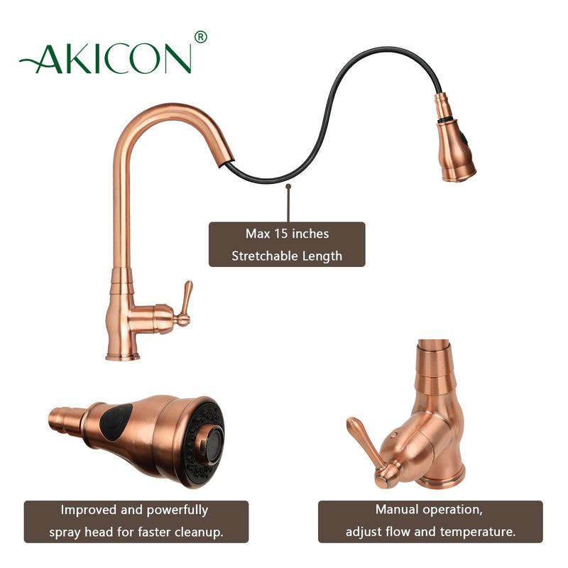 Copper Pull Out Kitchen Faucet, Single Level Solid Brass Kitchen Sink Faucets with Pull Down Sprayer - AK96418C