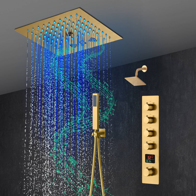 12-Inch Brushed Gold Flush Mount Shower Faucet Set: 4-Way Thermostatic Control, 64-Color LED Lights, Bluetooth Music, and Regular Head