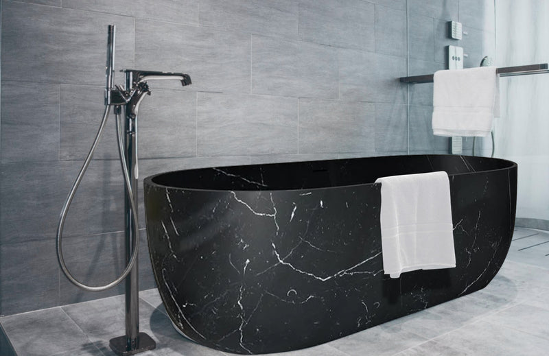 Alexandrette Black Marble Bathtub Hand-carved from Solid Marble Block (W)32" (L)72" (H)20" installed modern bathroom