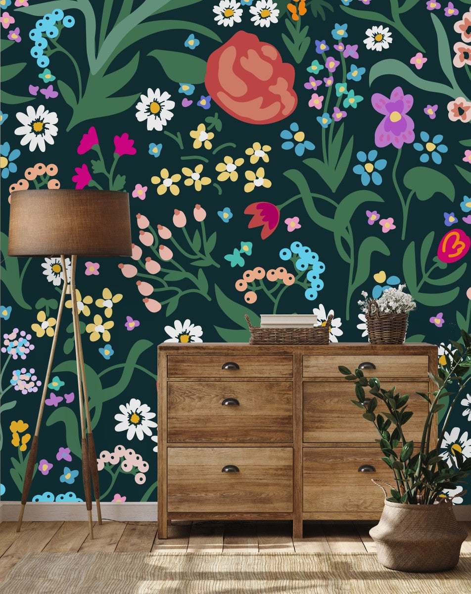 Stylish Modern Dark Wallpaper with Little Flowers