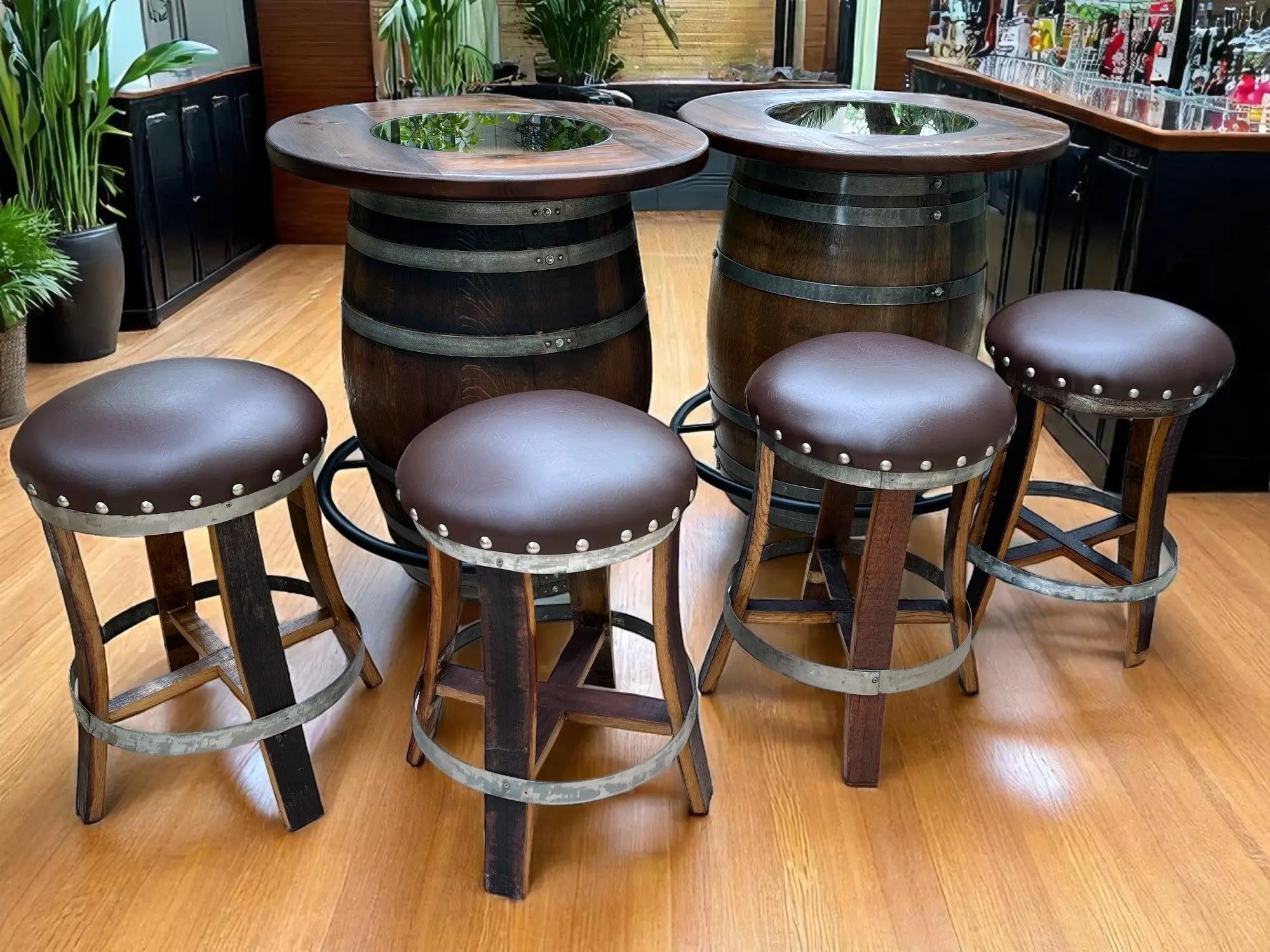Double Oak Barrel Bistro Pub Table Set, Bourbon Wine Barrel, Footrail Footrest Comfort, Barrel Bar, Whiskey Barrel Bar, Wine Barrel Cabinet main image 0