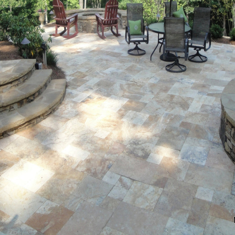 Tuscany Porcini 16"x24" Tumbled Travertine Paver Tile - MSI Collection room shot outdoor sitting view 2