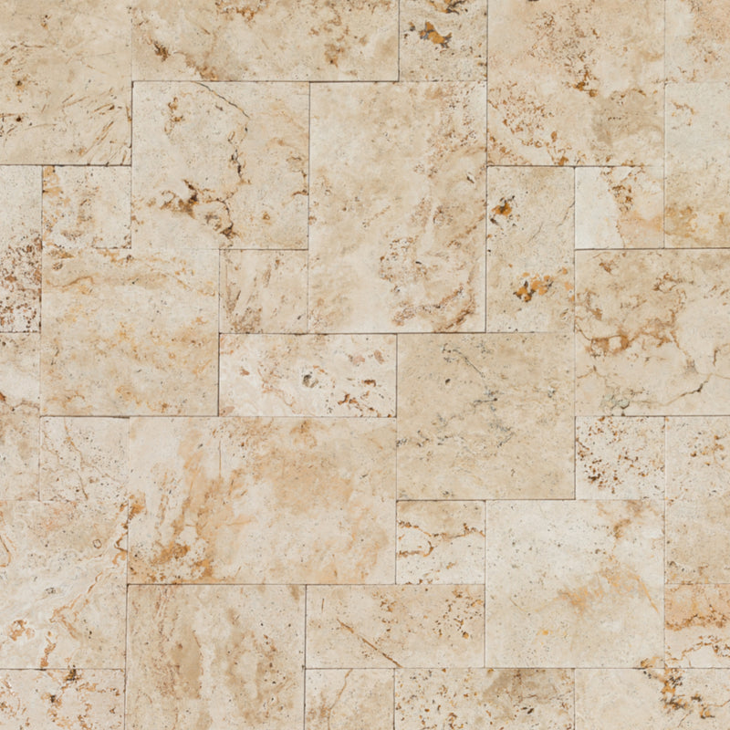 Light antique travertine pavers unfilled tumbled pattern top wet view