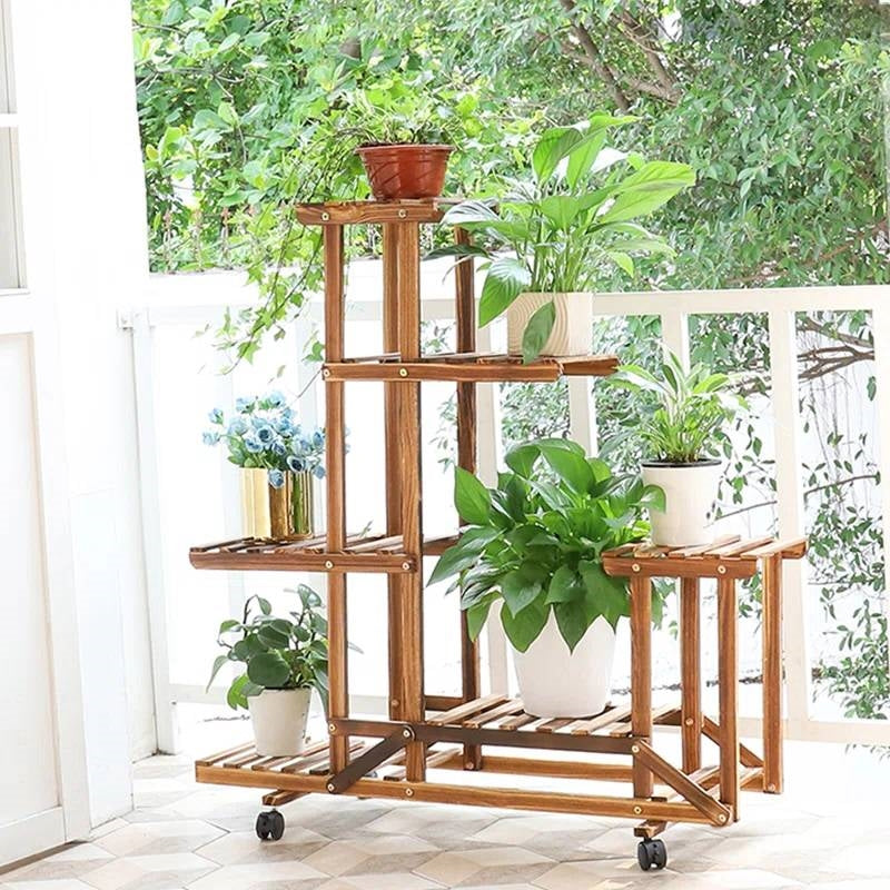 lockable plant pots 6-Shelf Portable Wooden Flower Pot Plant Stand with Locking Wheels