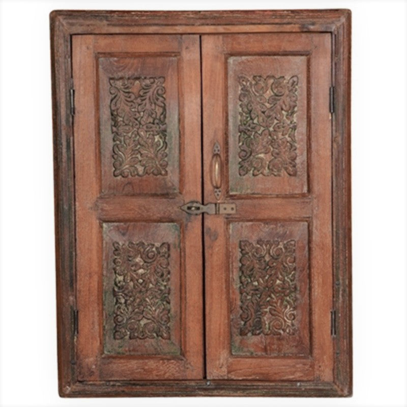 24" x 32" Antique Carved Teak Wood Distressed Window Wall Hanging