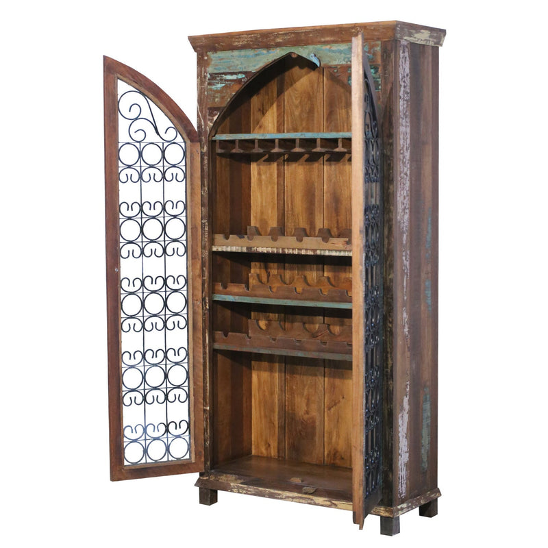 84 Inch Tall Farmhouse Style Wine Bar Cabinet With Iron Grills