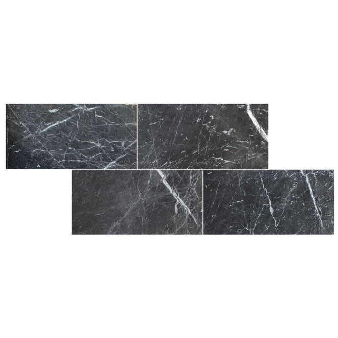amanos black marble large format 24x24 installed on modern bathroom floor 18x36 4 tiles brick top view