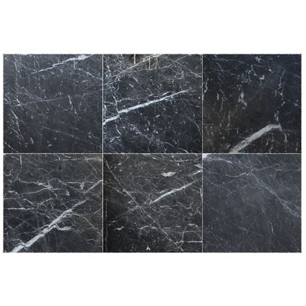 amanos black marble large format 24x24 installed on modern bathroom floor 24x24 6 tiles top view