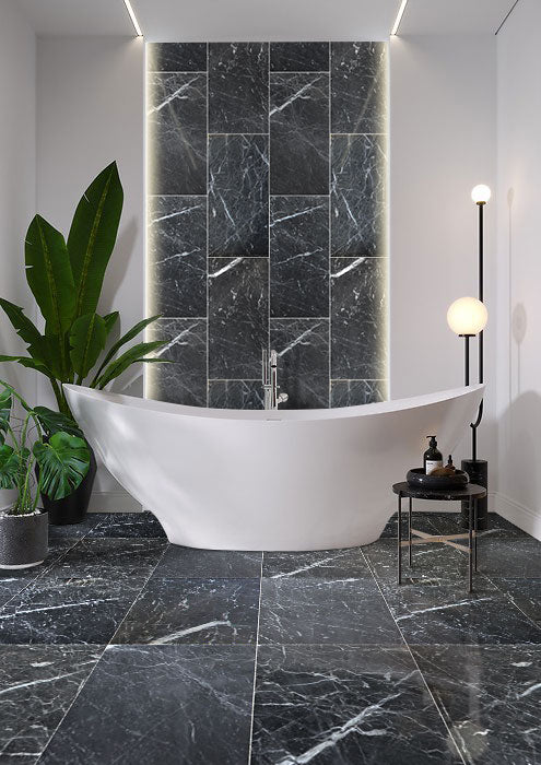 amanos black marble large format 24x24 installed on modern bathroom floor 18x36 installed walls