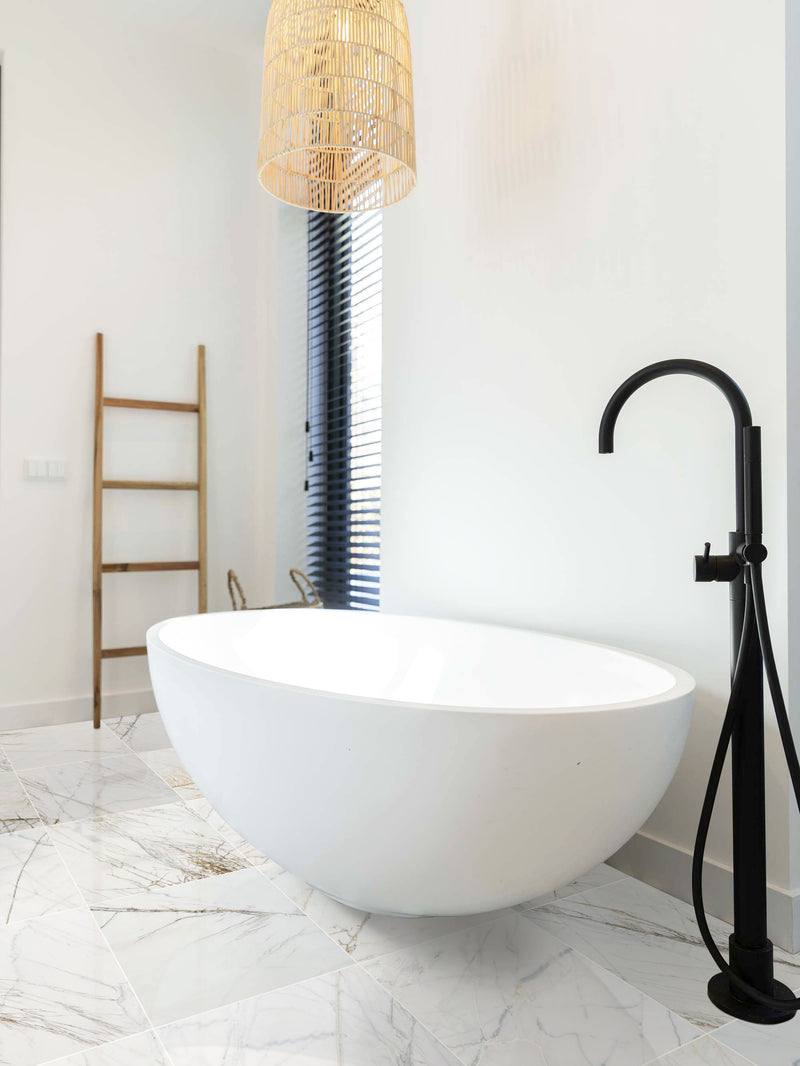 bianco rigata white exotic marble 24x24 polished installed bathroom floor white bathtub wide view