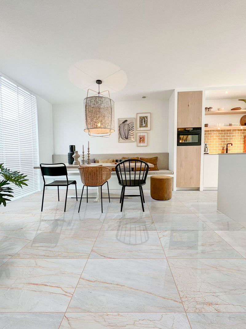 bianco venato white exotic marble 24x24 polished installed kitchen floor wide view