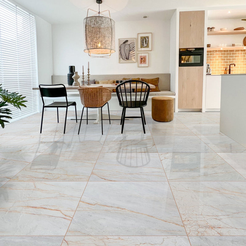 bianco venato white exotic marble 24x24 polished installed kitchen floor 
