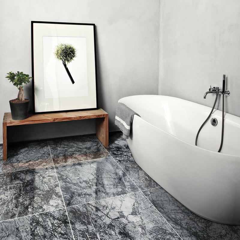 black cloud marble tile large format 24x24 polished installed bathroom floor wood bench white bathtub