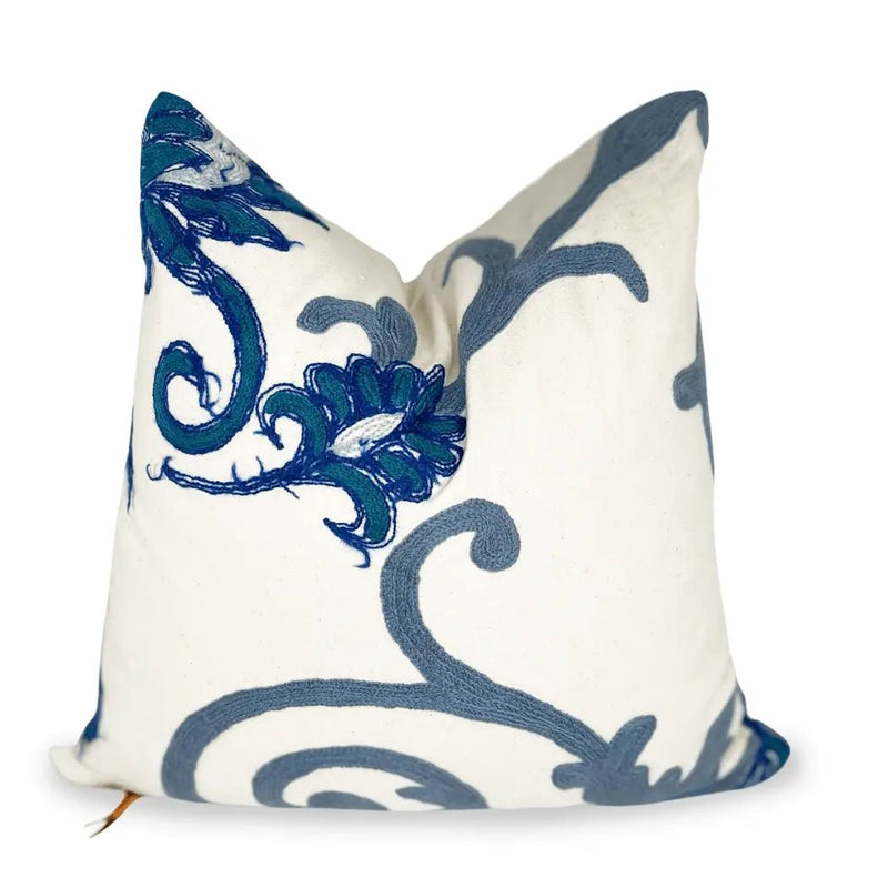 Blue And White  White Floral Embroidered Throw Pillow