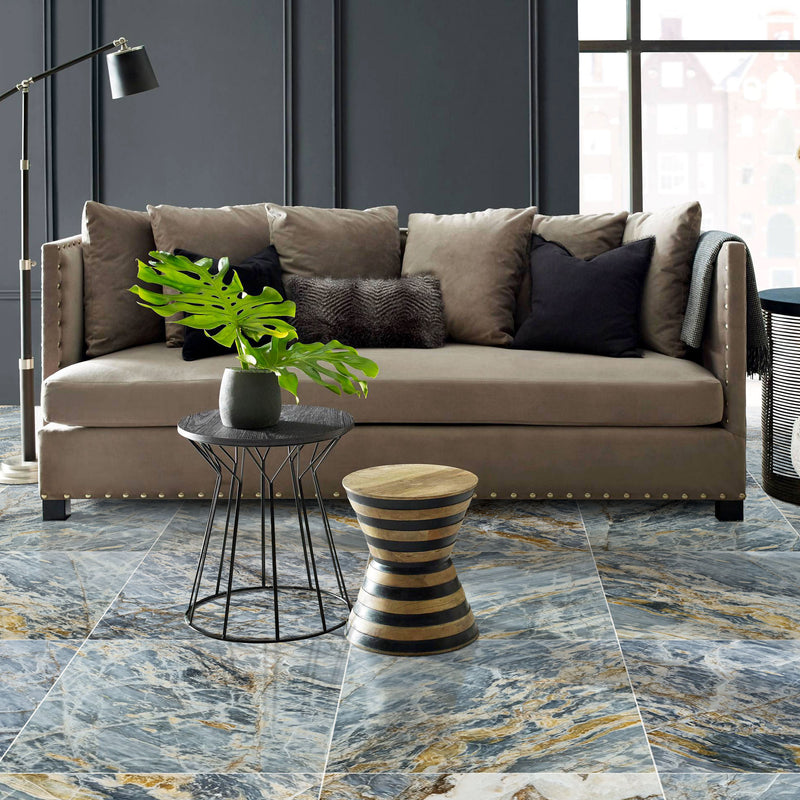 blue lagoon dolomite exotic marble tile large format 24x24 polished installed living room floor brown seating set