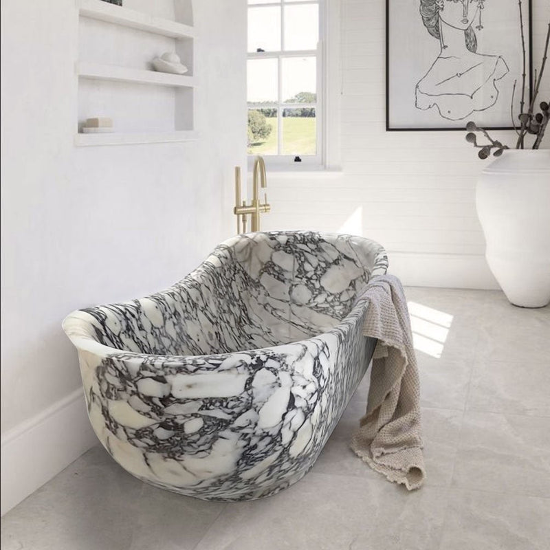 calacatta viola bathtub carved from marble block W34 L70 H26 polished roomscene