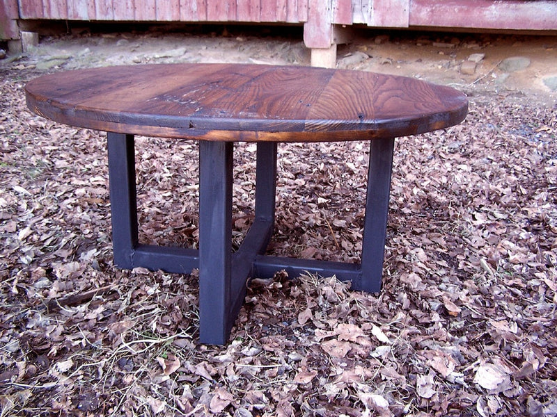 Round Coffee Table, Wormy Chestnut Table, Metal Coffee Table Base, Industrial Coffee Table, Wood End Table, Coffee Side Table, Modern Table