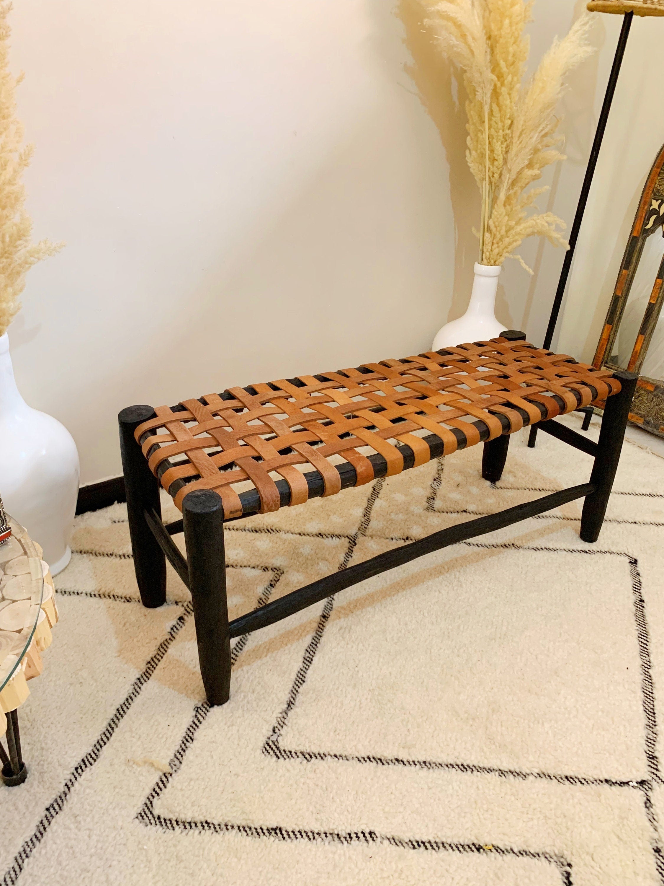 Wooden Leather Bedroom Bench - Boho Wood Bench