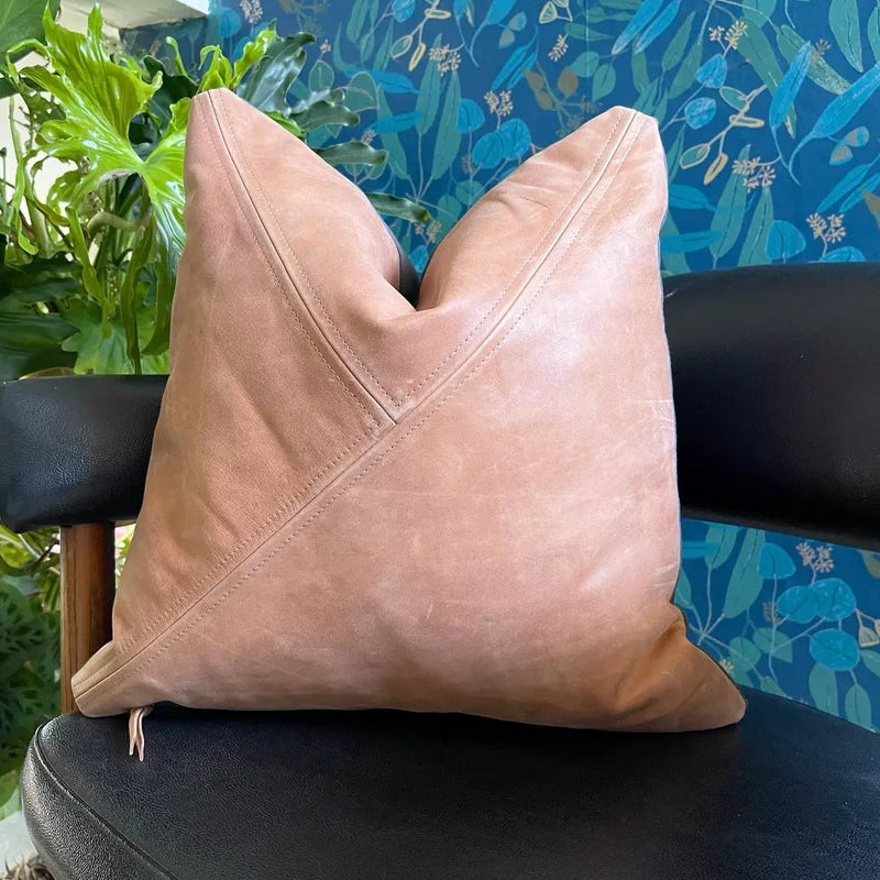 Light Brown Leather Pillow - Genuine Tan Leather Accent