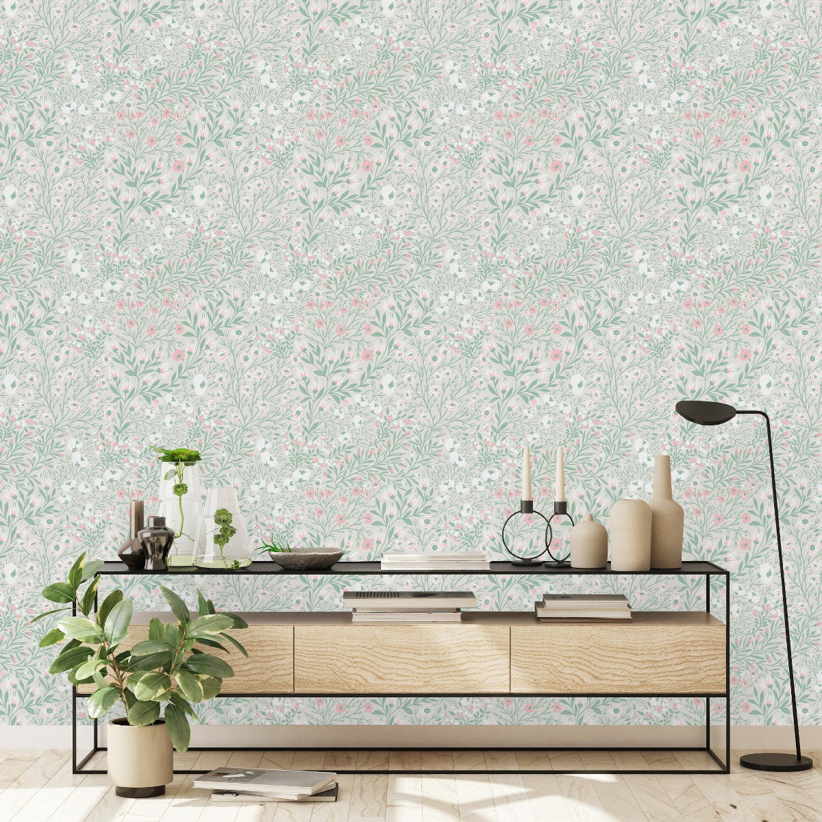 Contemporary Green Wallpaper with Little Flowers