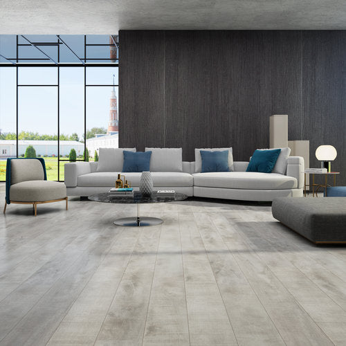 Laminate Hardwood 7.75" Wide, 72" RL, 12mm Thick Textured Summa Antique Pearl Floors - Mazzia Collection product shot living room view 2