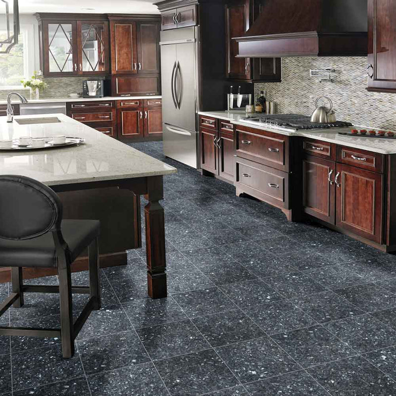 Blue pearl 12 in x 12 in polished granite floor and wall tile TBLUPRL1212 product shot kitchen view