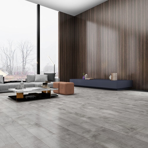 Laminate Hardwood 7.75" Wide, 72" RL, 12mm Thick Textured Summa Intrepid Nickel Floors - Mazzia Collection product shot living room view