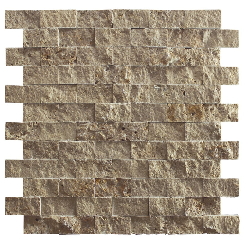 Noce brown travertine mosaic 1x2 stacked stone splitface DP 02-02  top view