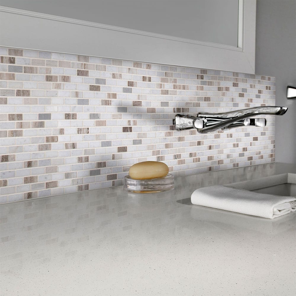 Mini Brick White Marble Solid Core Peel & Stick Mosaic Tile