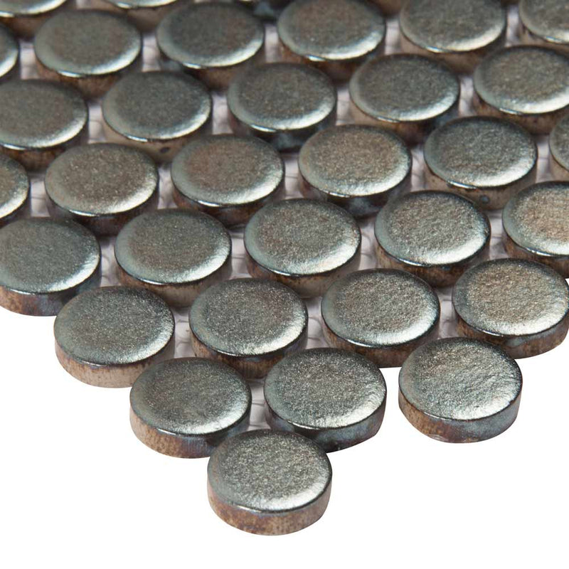Penny round metallico 11.3X12.2 glossy porcelain mesh mounted mosaic tile SMOT-PT-PENRD-METAL product shot profile view