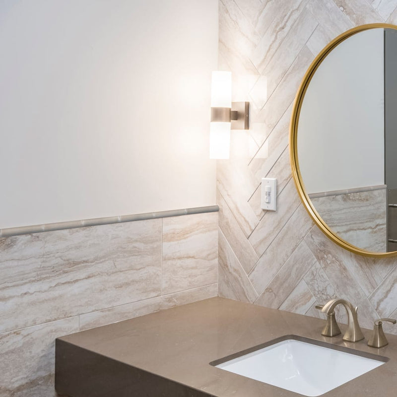 Portico pearl quarter round molding 0.625x6 glossy ceramic wall tile SMOT-PT-QTRRD-PORPEA5/8X6 product shot bathroom wall view1