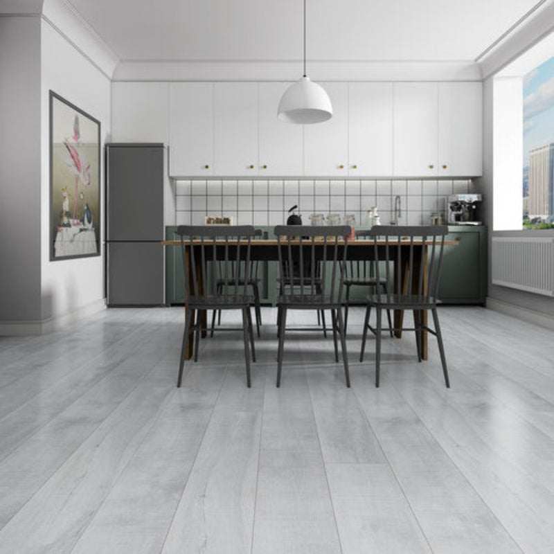 Laminate Hardwood 7.75" Wide, 72" RL, 12mm Thick Textured Summa Pristine White Floors - Mazzia Collection product shot kitchen view