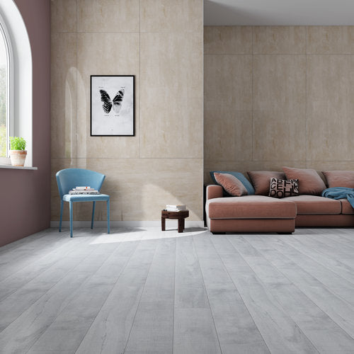 Laminate Hardwood 7.75" Wide, 72" RL, 12mm Thick Textured Summa Pristine White Floors - Mazzia Collection product shot living view