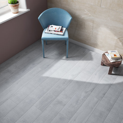 Laminate Hardwood 7.75" Wide, 72" RL, 12mm Thick Textured Summa Pristine White Floors - Mazzia Collection product shot living view 3