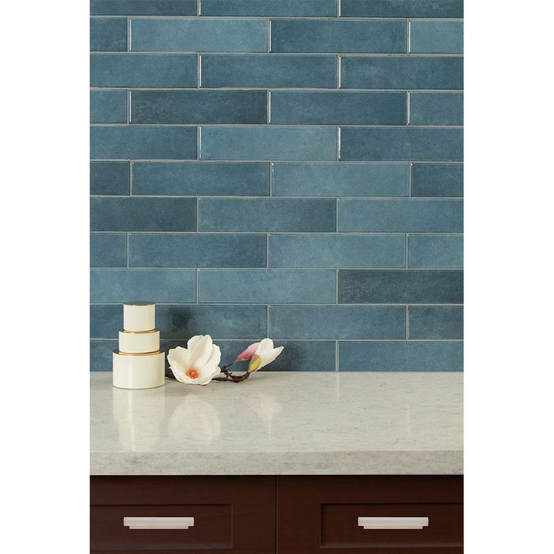 Renzo denim 3x12 glossy ceramic blue wall tile NRENDEN3X12 product shot multiple tiles kitchen view 4
