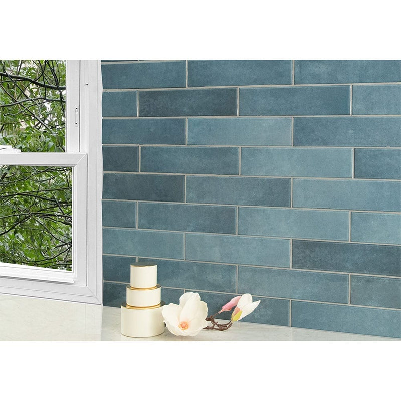 Renzo denim 3x12 glossy ceramic blue wall tile NRENDEN3X12 product shot multiple tiles kitchen view