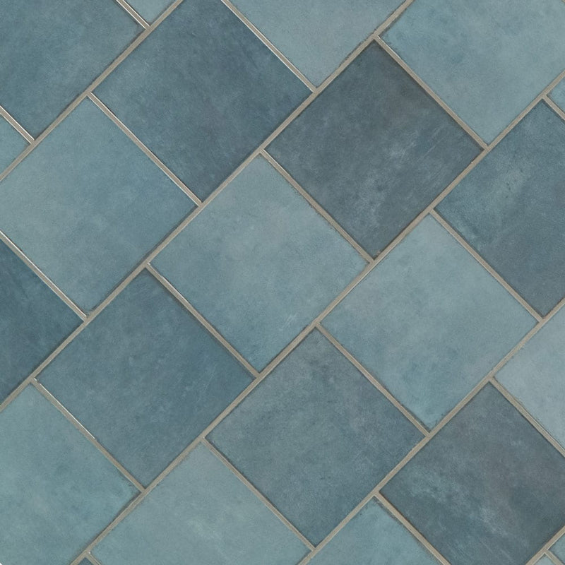 Renzo denim 5 x5 glossy ceramic blue wall tile NRENDEN5X5 product shot multiple tiles angle view