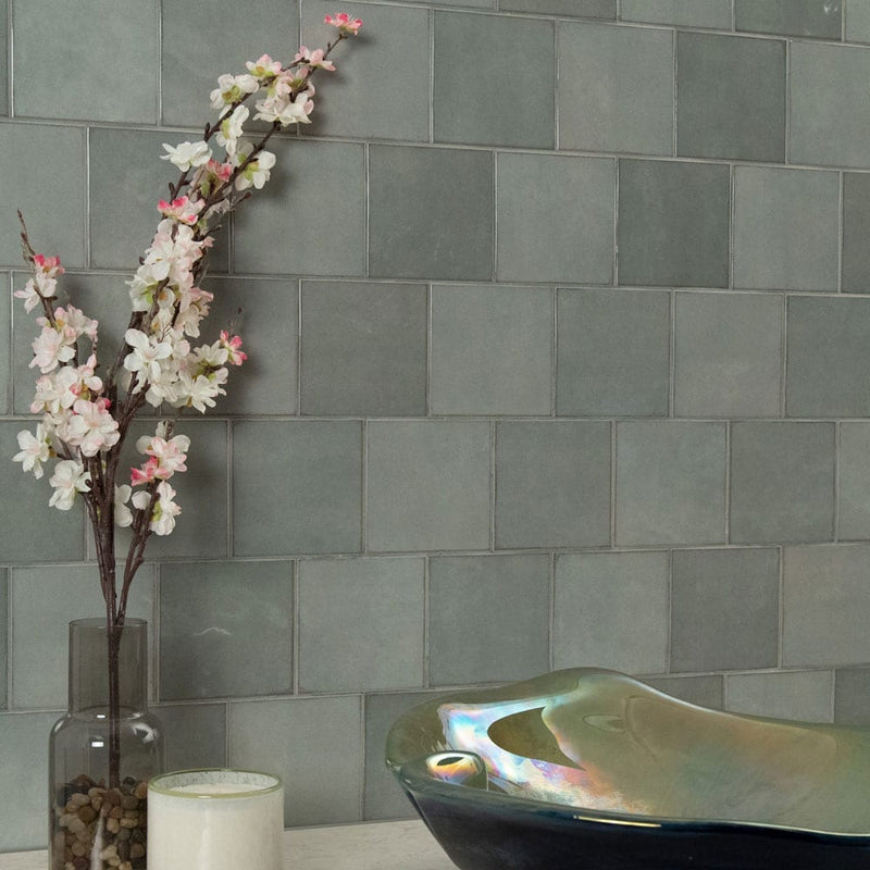 Renzo jade 5x5 glossy ceramic green wall tile NRENJAD5X5 product shot multiple tiles living room wall view 1