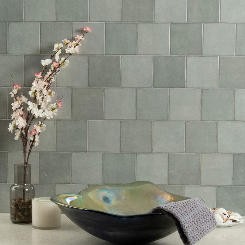 Renzo jade 5x5 glossy ceramic green wall tile NRENJAD5X5 product shot multiple tiles living room wall view