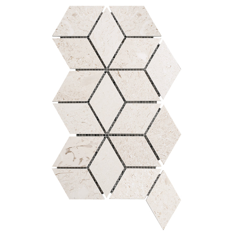 Shell stone limestone mosaic rhombus on 12x12 mesh honed top view