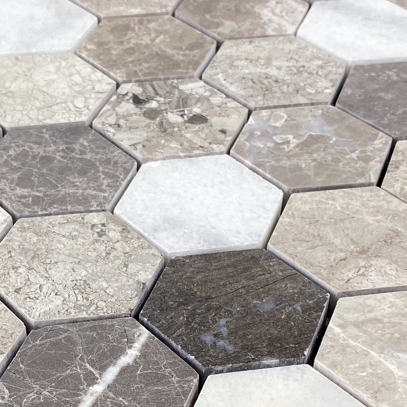 Silver Shadow-Carrara White Mix Marble 2" Hexagon on 12" x 12" Mesh Mosaic Tile - Belair Collection