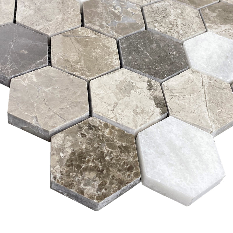 Silver Shadow-Carrara White Mix Marble 2" Hexagon on 12" x 12" Mesh Mosaic Tile - Belair Collection