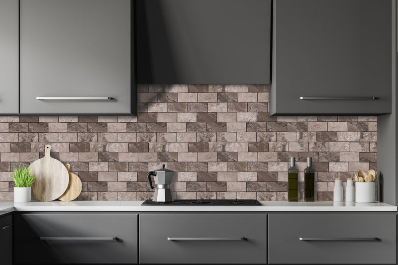 Silver shadow marble mosaic tile 2x4 brick on 12x12 mesh honed top installed on kitchen wall as backsplash tile