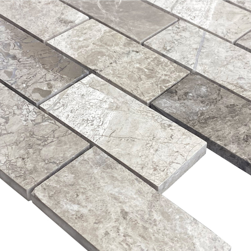 Silver shadow marble mosaic tile 2x4 brick on 12x12 mesh honed top profile view