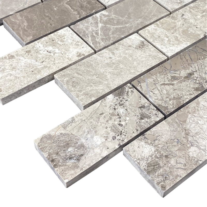 Silver shadow marble mosaic tile 2x4 brick on 12x12 mesh honed top profile view