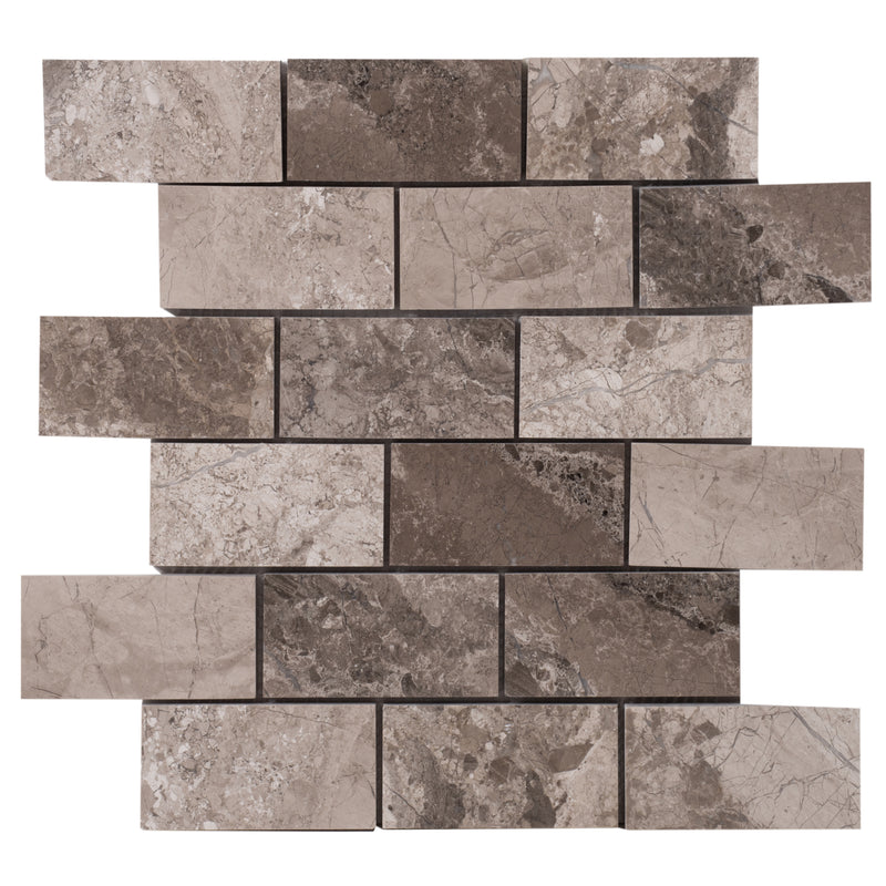 Silver shadow marble mosaic tile 2x4 brick on 12x12 mesh honed top product view