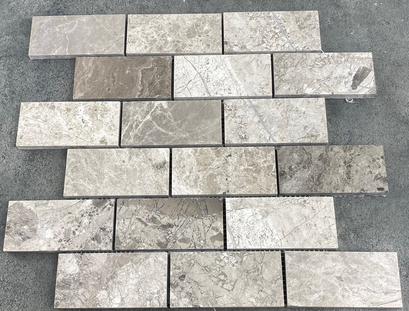 Silver shadow marble mosaic tile 2x4 brick on 12x12 mesh honed top product view