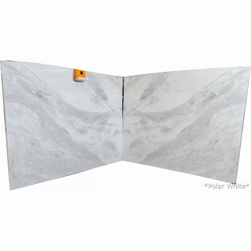 polar white marble slabs bookmatching 2 slabs product shot front view