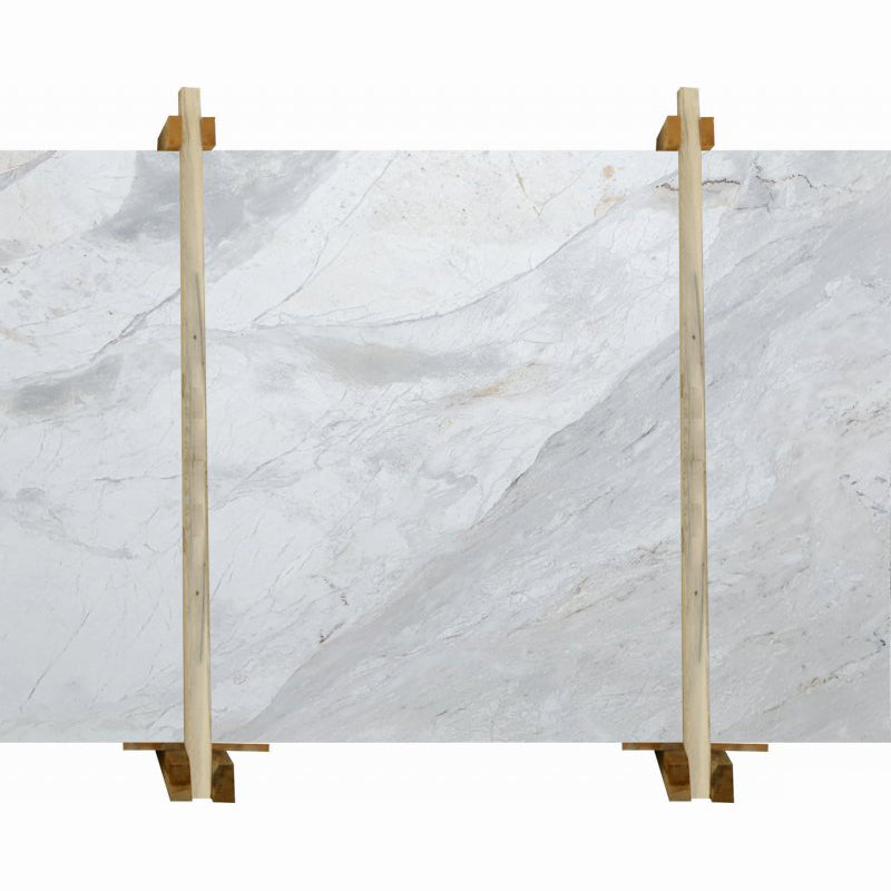 polar white marble slabs bookmatching packed on wooden slabs product shot